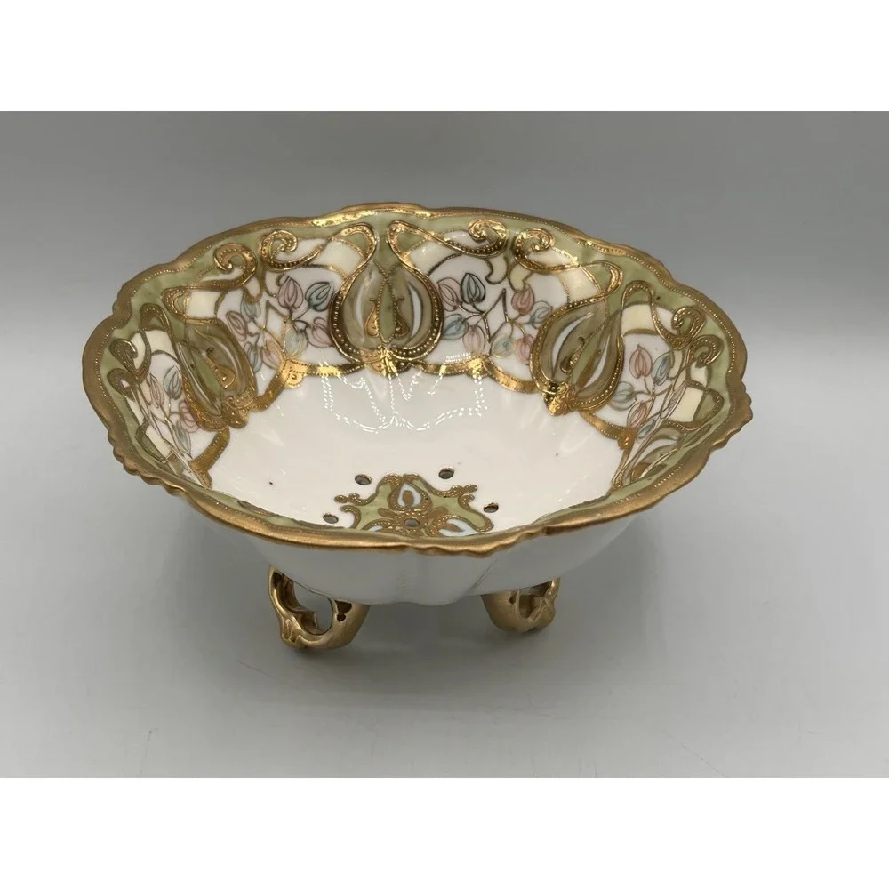 Vintage Nippon Footed Berry Bowl With Hand Painted Gold Gilt & Floral Design